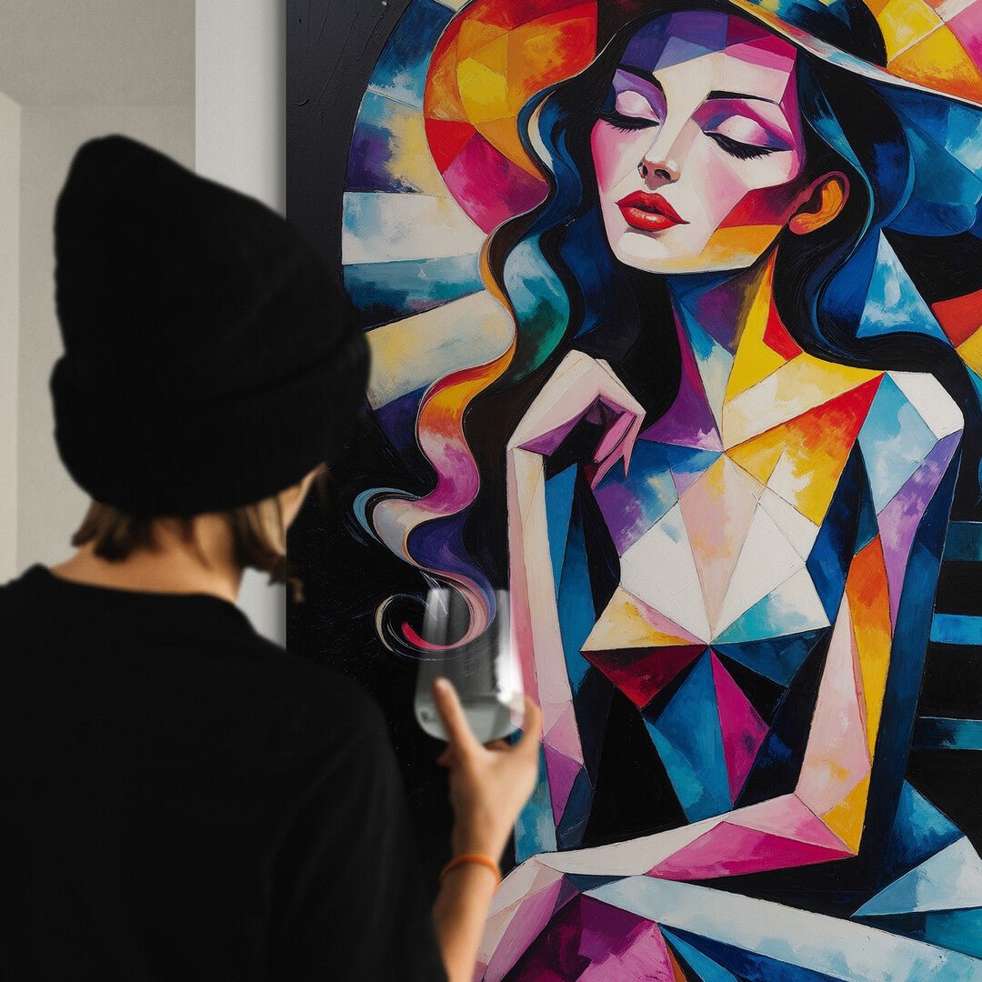 donna con cappello prismatico stampa astratta cubista su policotone