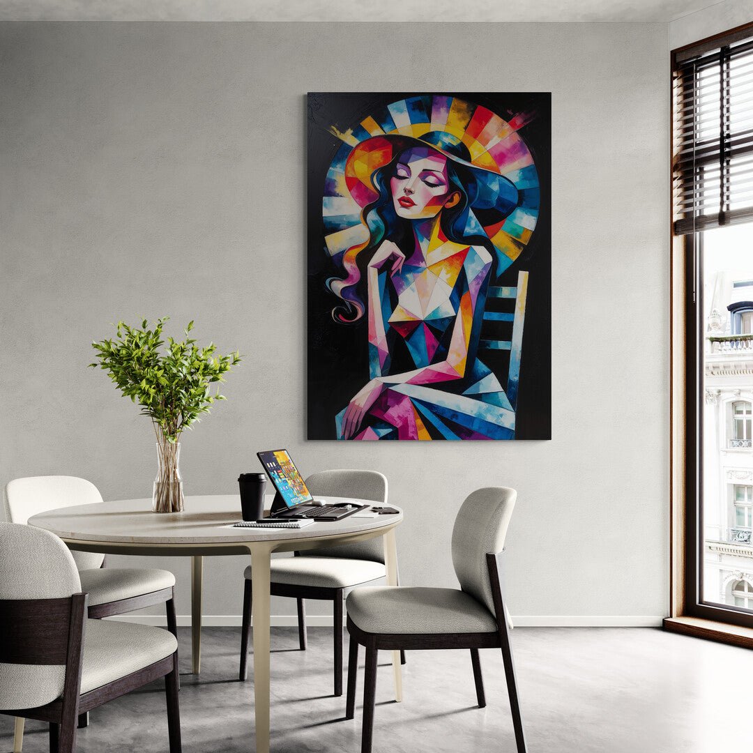 ritratto femminile geometrico colori vivaci fondo nero in vendita online
