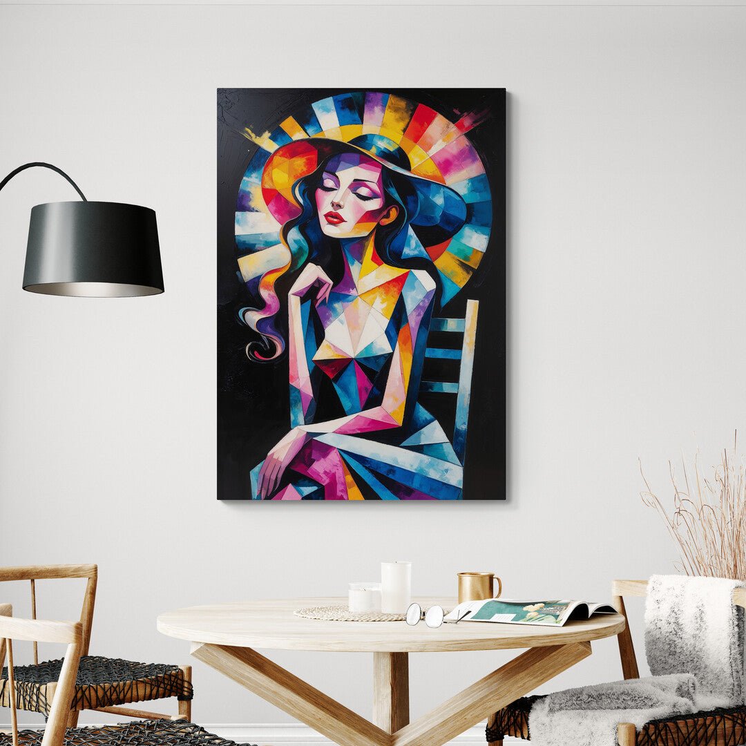 stampa artistica policotone donna pop cubista con raggiera colorata