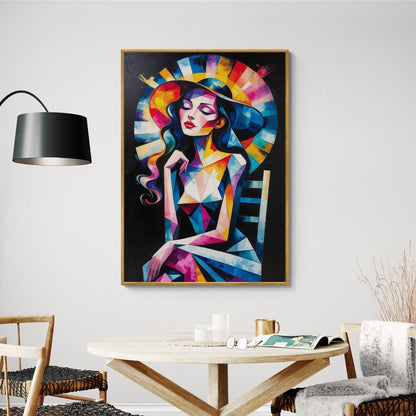 poster moderno volto femminile a faccette magenta giallo blu