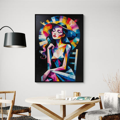 stampa su policotone ritratto donna cappello a ventaglio geometrico