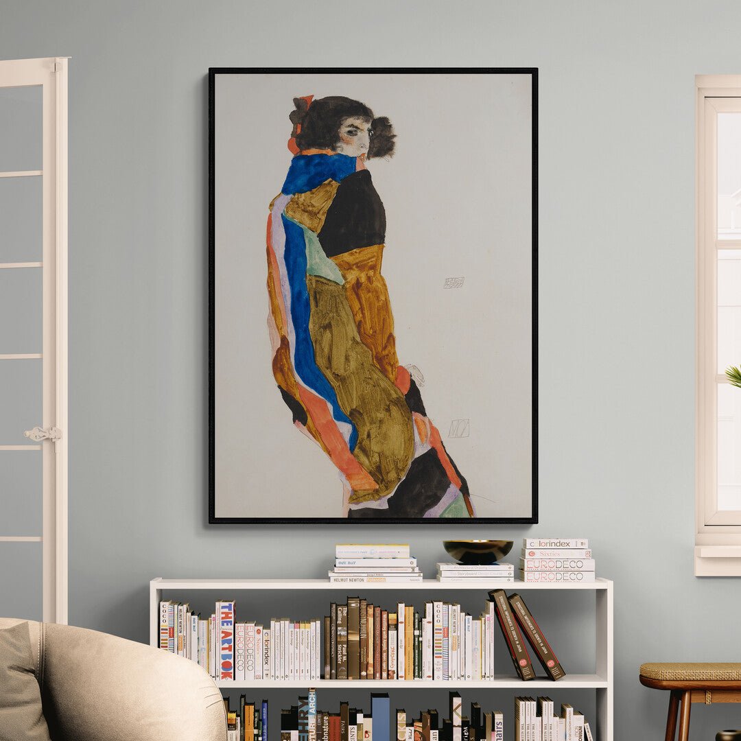 stampa artistica policotone schiele figura verticale colori ocra blu nero