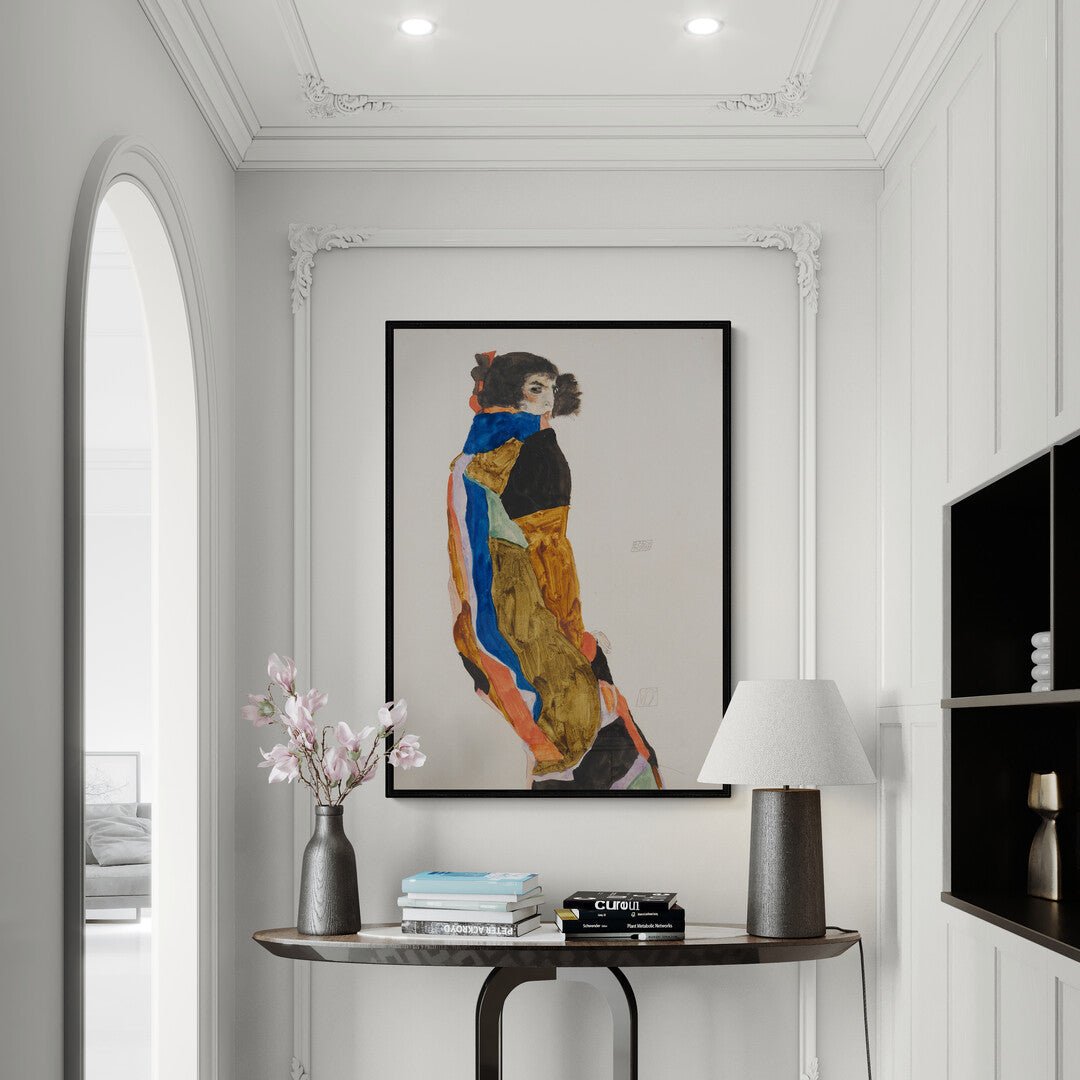 riproduzione schiele ritratto con mantello multicolore per salotto