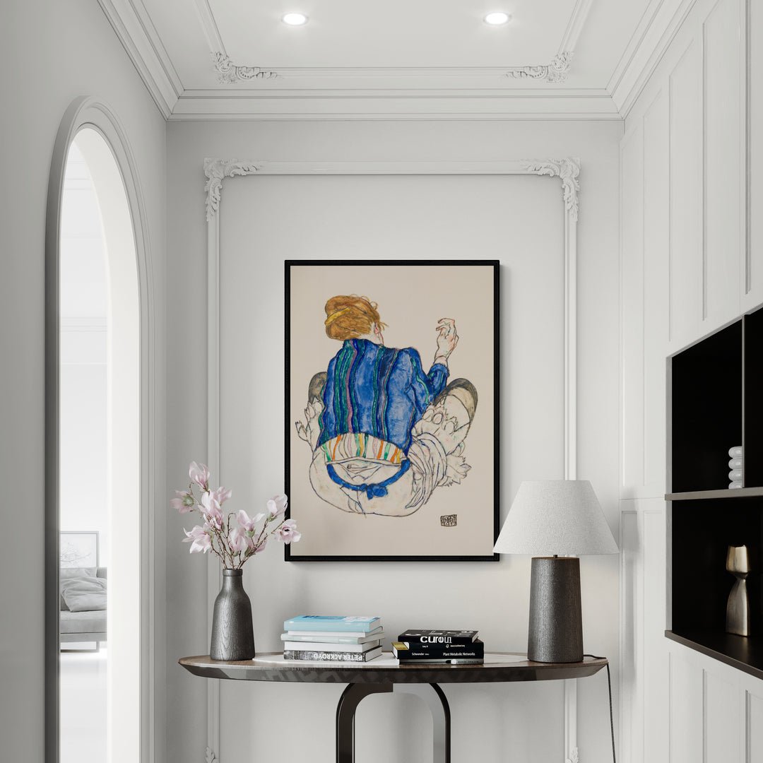 stampa murale premium schiele donna seduta abito a righe 1917