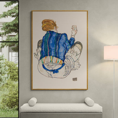 schiele figura femminile di schiena giacca blu linea espressiva riproduzione