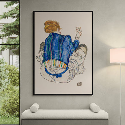 poster moderno donna seduta schiele contorni vibranti blu arancio