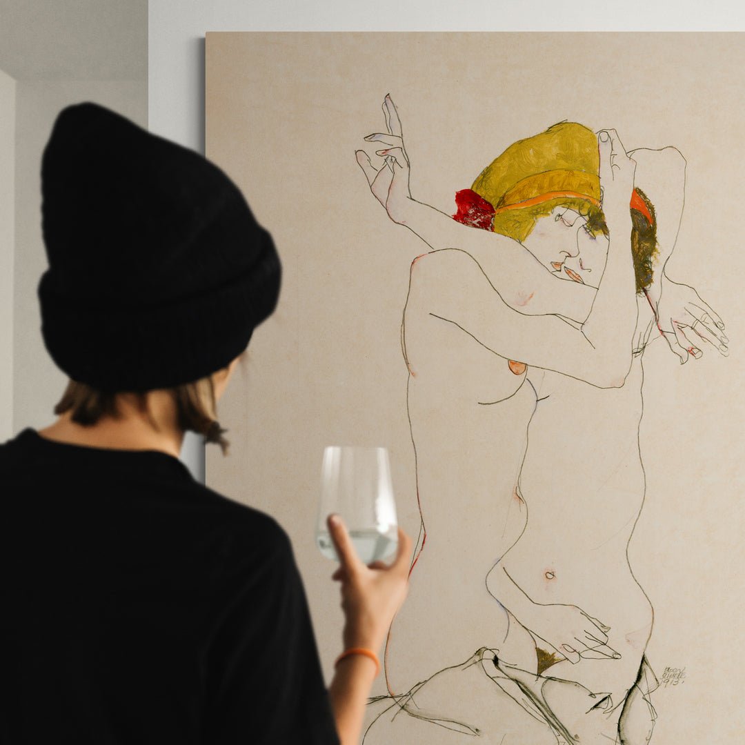 egon schiele due donne che si abbracciano 1913 riproduzione stampa su policotone