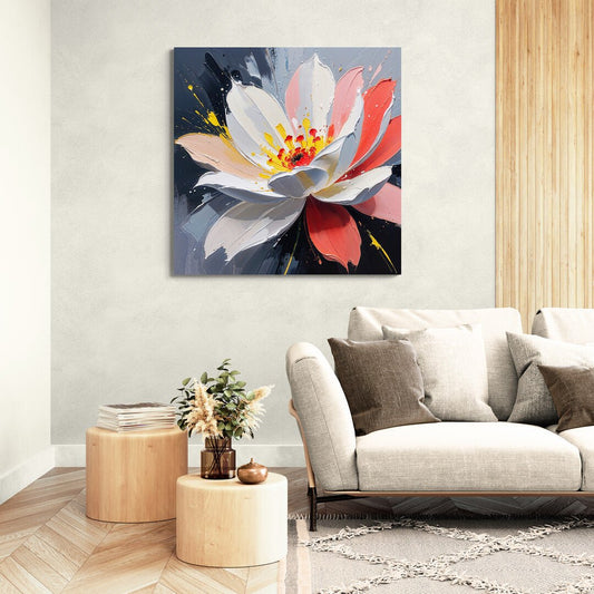 Quadro astratto floreale su tela, ispirazione moderna e texture pittorica in rilievo.

