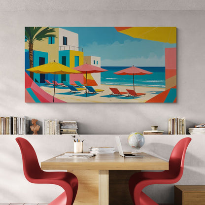 Quadro moderno con spiaggia e edifici dai toni pastello

