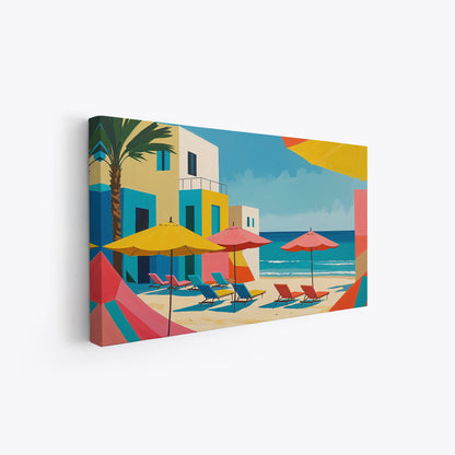 Quadro geometrico colorato con ombrelloni e sdraio al mare


