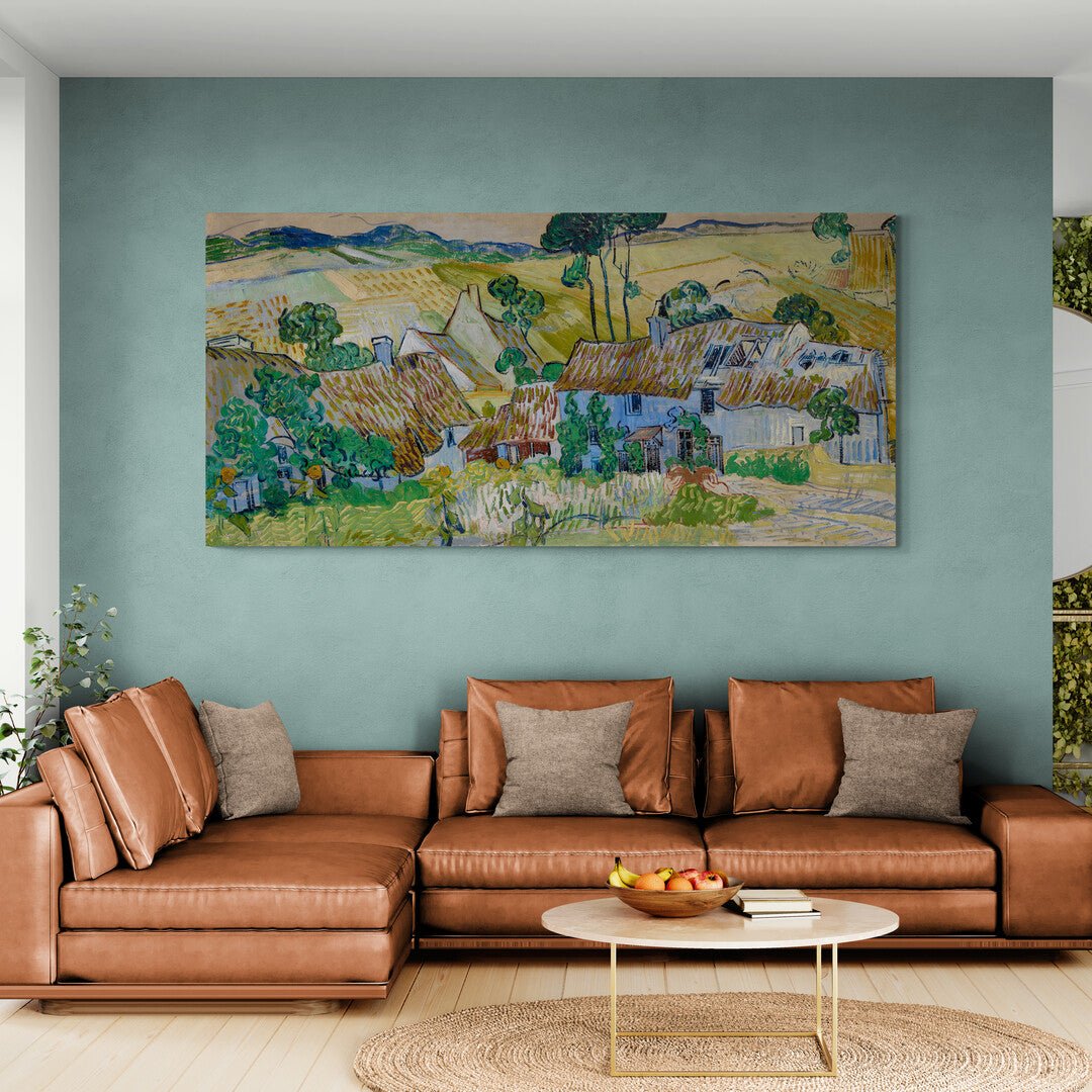 Quadro di Vincent van Gogh con fattorie immerse nella natura, tonalità calde e pennellate vibranti
