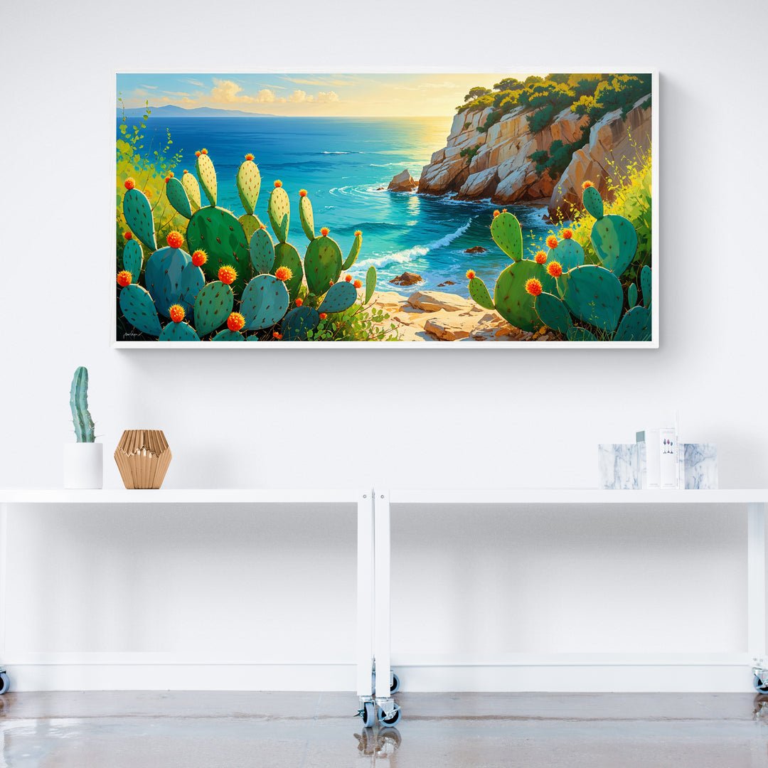 Quadro con fichi d’India su scogliera mediterranea e mare turchese, in stile pittorico estivo