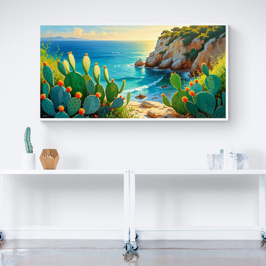 Quadro con fichi d’India su scogliera mediterranea e mare turchese, in stile pittorico estivo