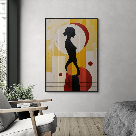 quadro moderno silhouette donna nera con cerchi ocra e rosso in vendita online