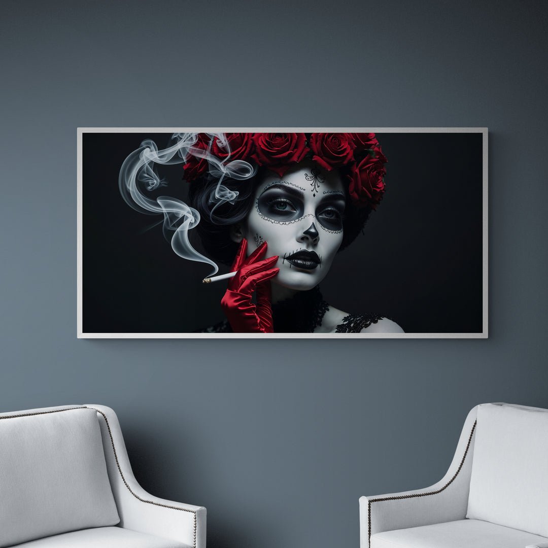 wall art ritratto glamour con guanti rossi e volute di fumo stampa policotone