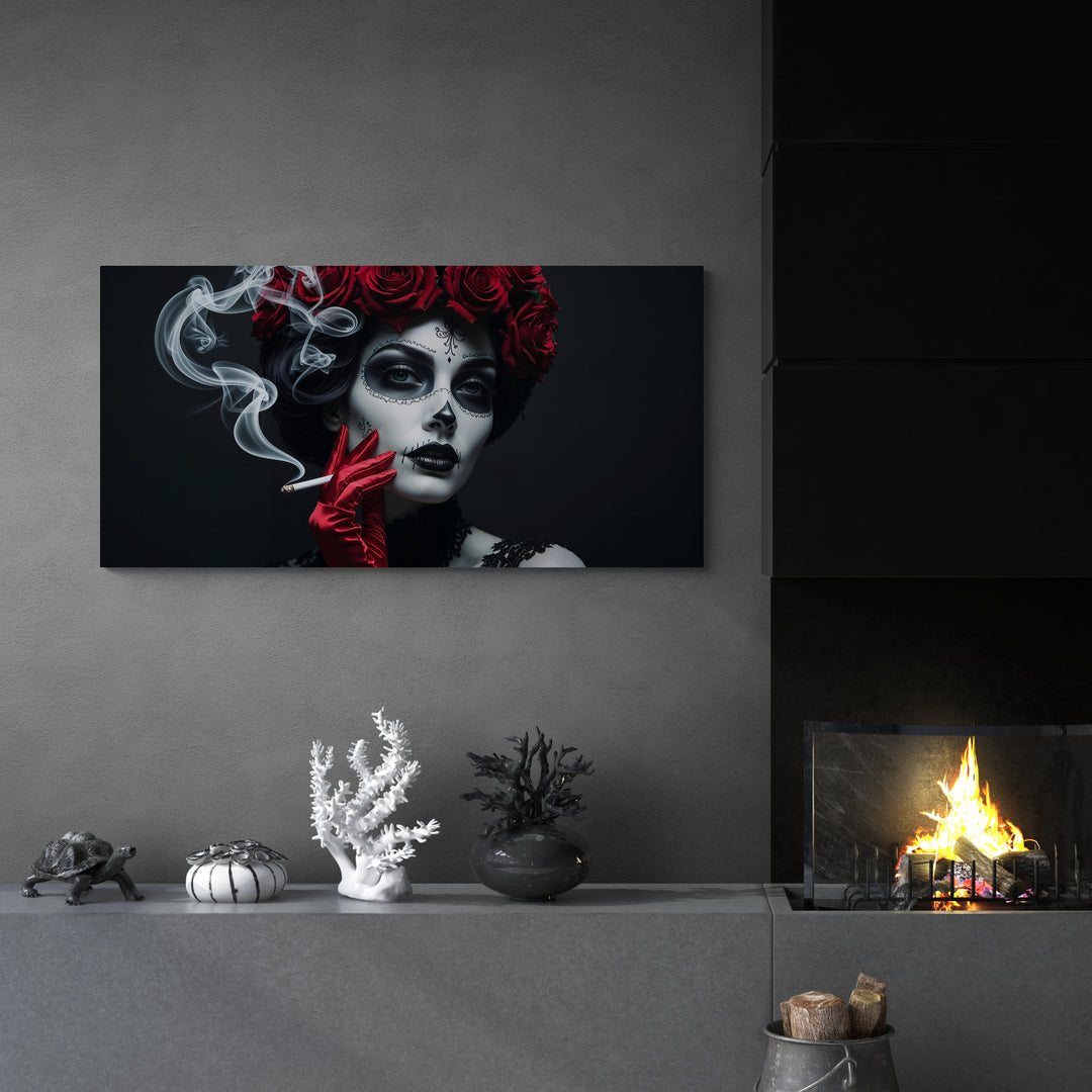 ritratto donna con corona di rose rosse e fumo stampa alta qualità policotone