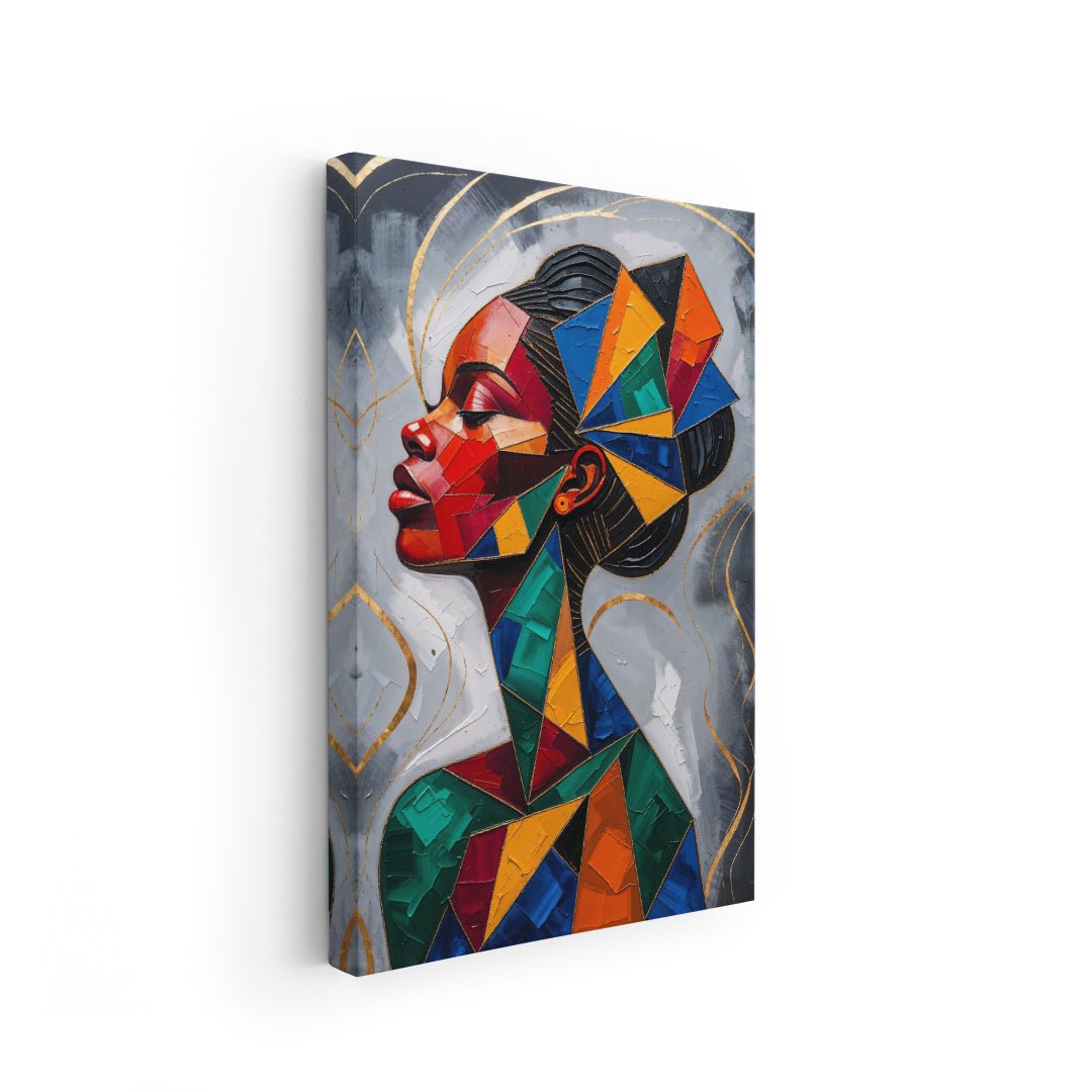 Stampa artistica su tela con linee dorate e volto femminile