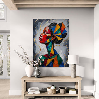 Profilo femminile astratto con elementi dorati e design cubista, ideale per arredamento moderno