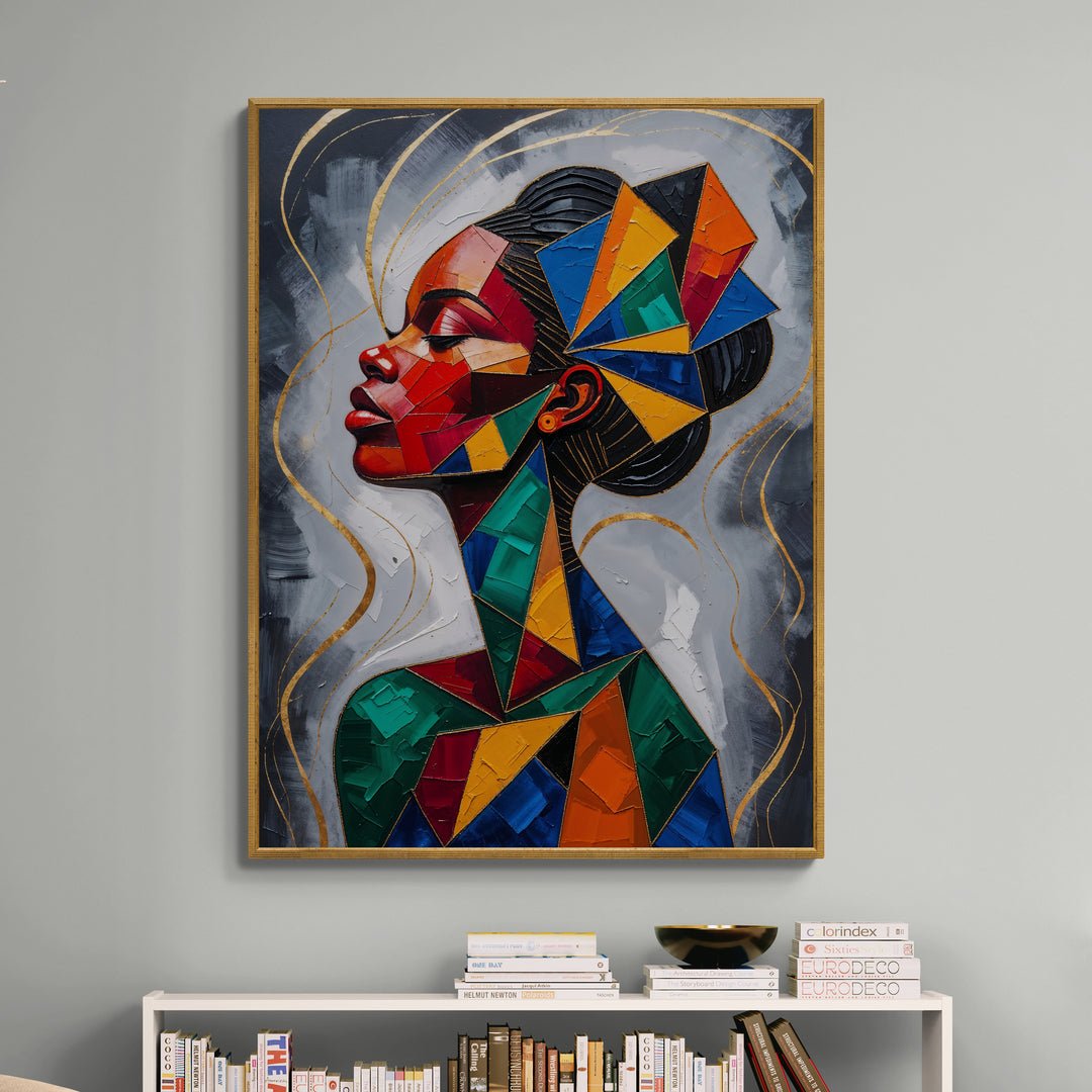 Ritratto artistico contemporaneo con geometrie colorate e sfondo grigio dinamico