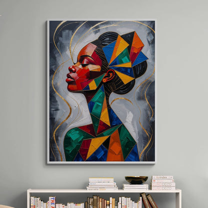 Dettaglio del volto femminile stilizzato in stile cubista con colori accesi e texture materica