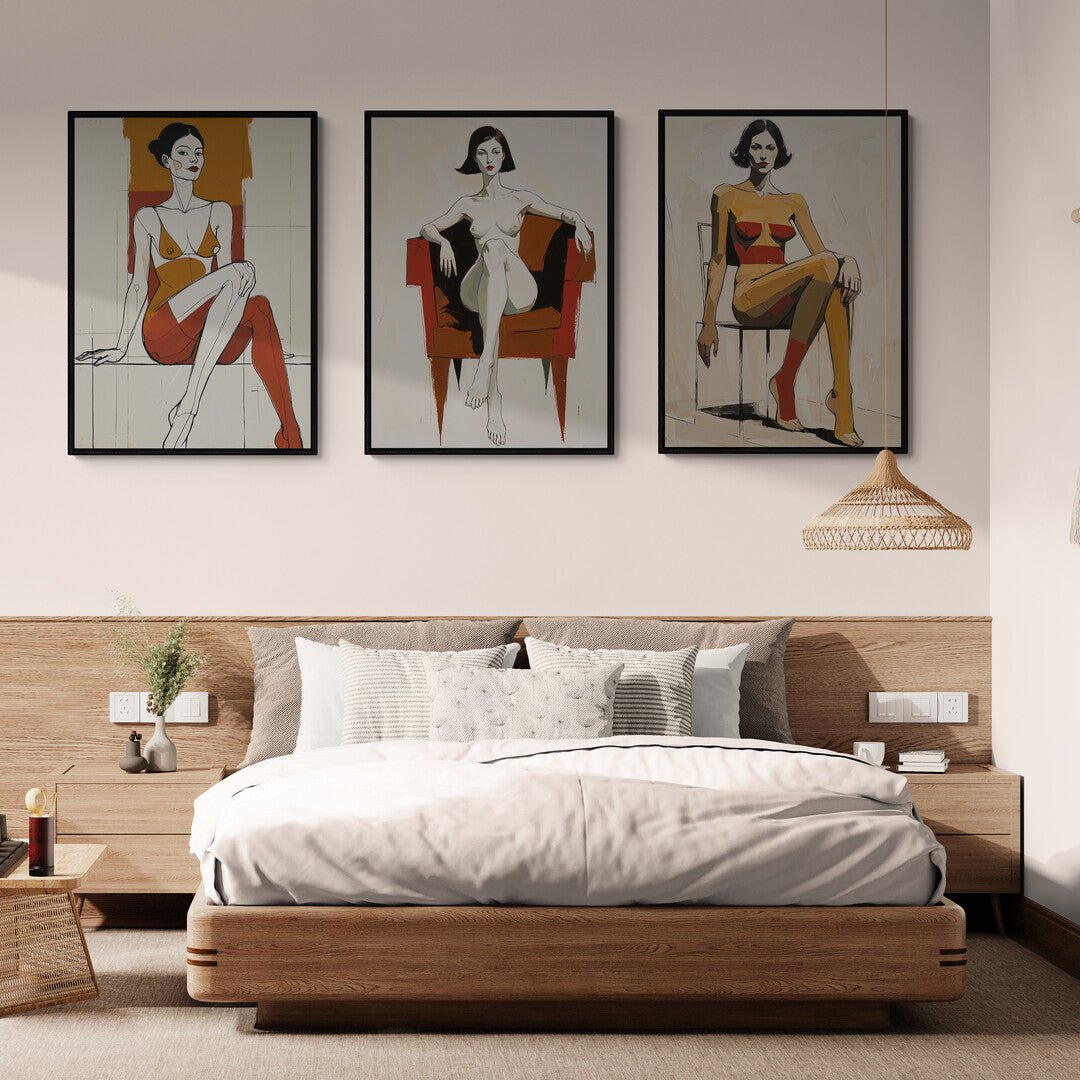 Trilogia di quadri astratti in stile contemporaneo per arredamento moderno