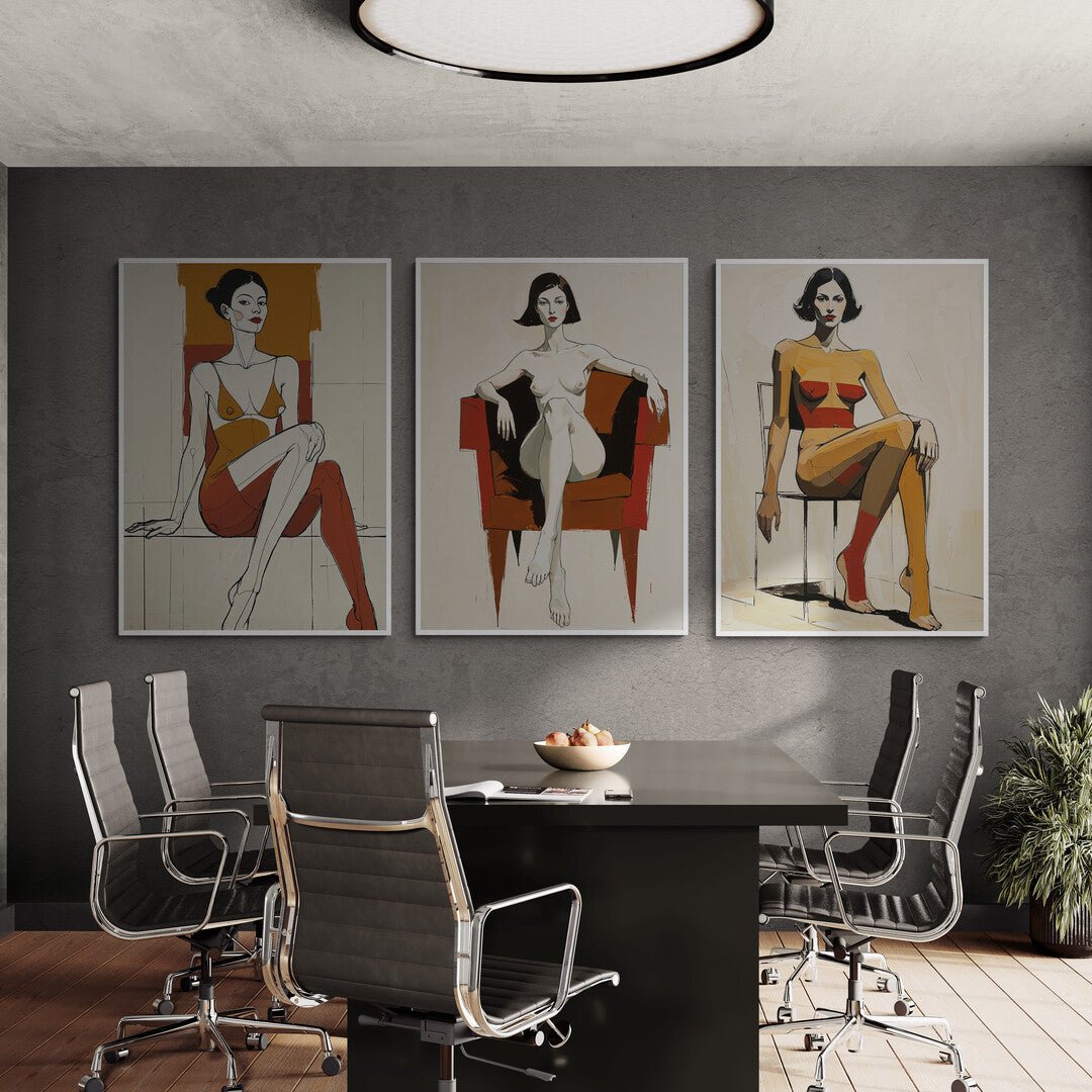 Trilogia d’arte moderna con ritratti femminili minimalisti