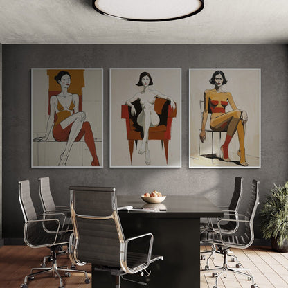 Trilogia d’arte moderna con ritratti femminili minimalisti
