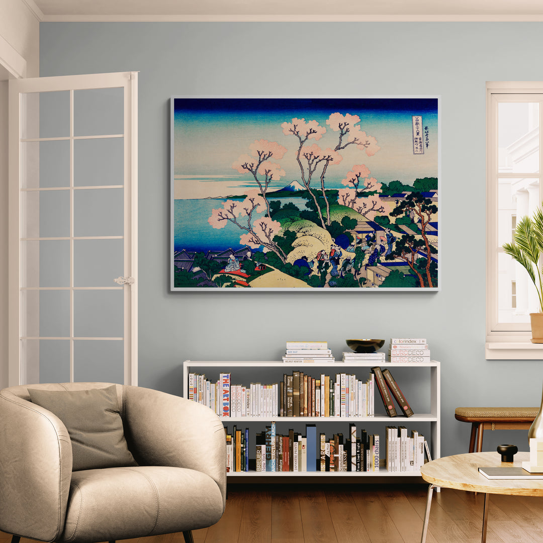 Stampa giapponese di Hokusai con Monte Fuji e alberi in fiore