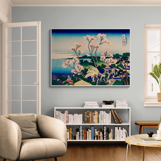 Stampa giapponese di Hokusai con Monte Fuji e alberi in fiore