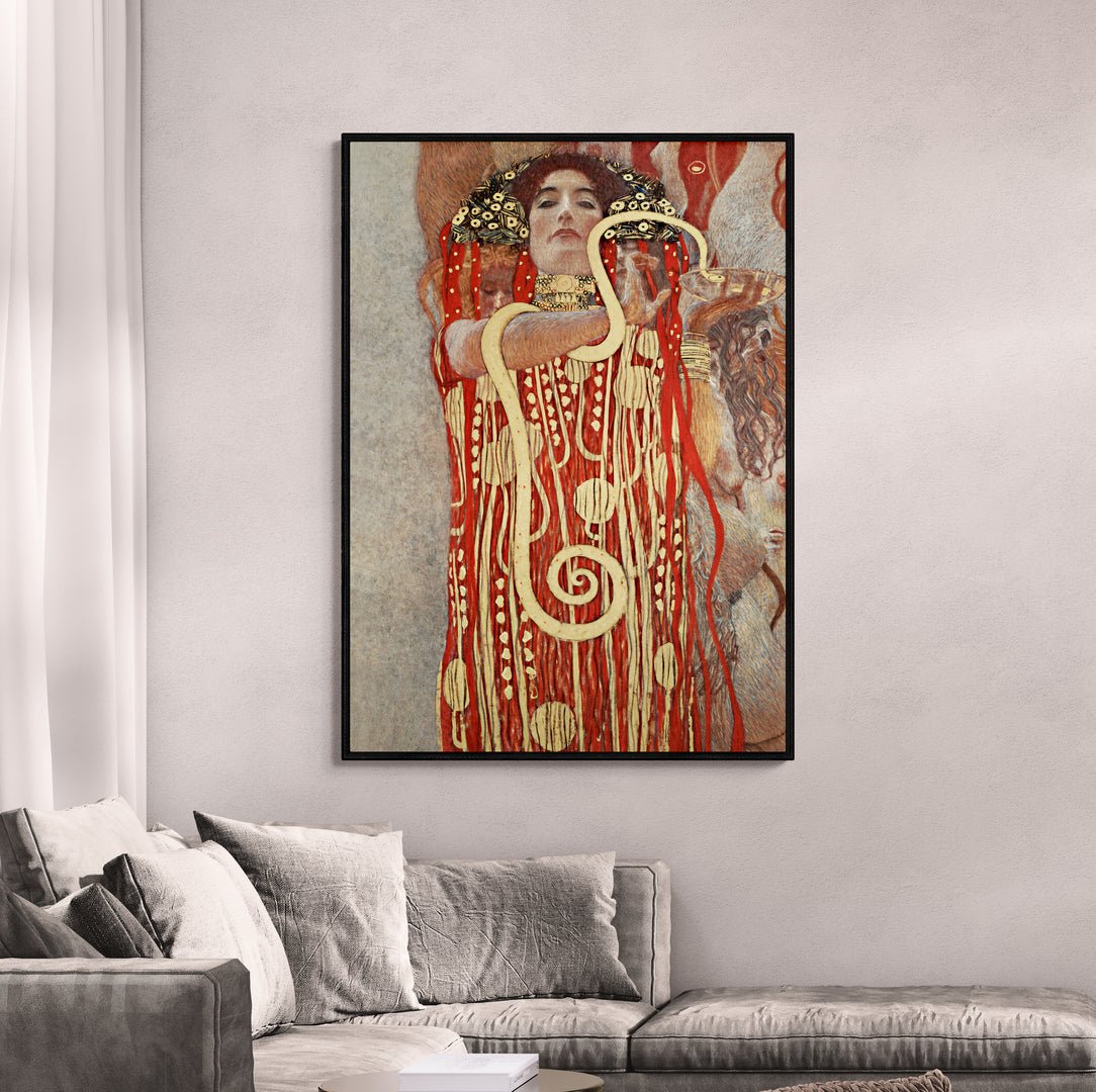 Dettaglio artistico Klimt Hygieia con motivi dorati e rossi