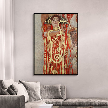 Dettaglio artistico Klimt Hygieia con motivi dorati e rossi