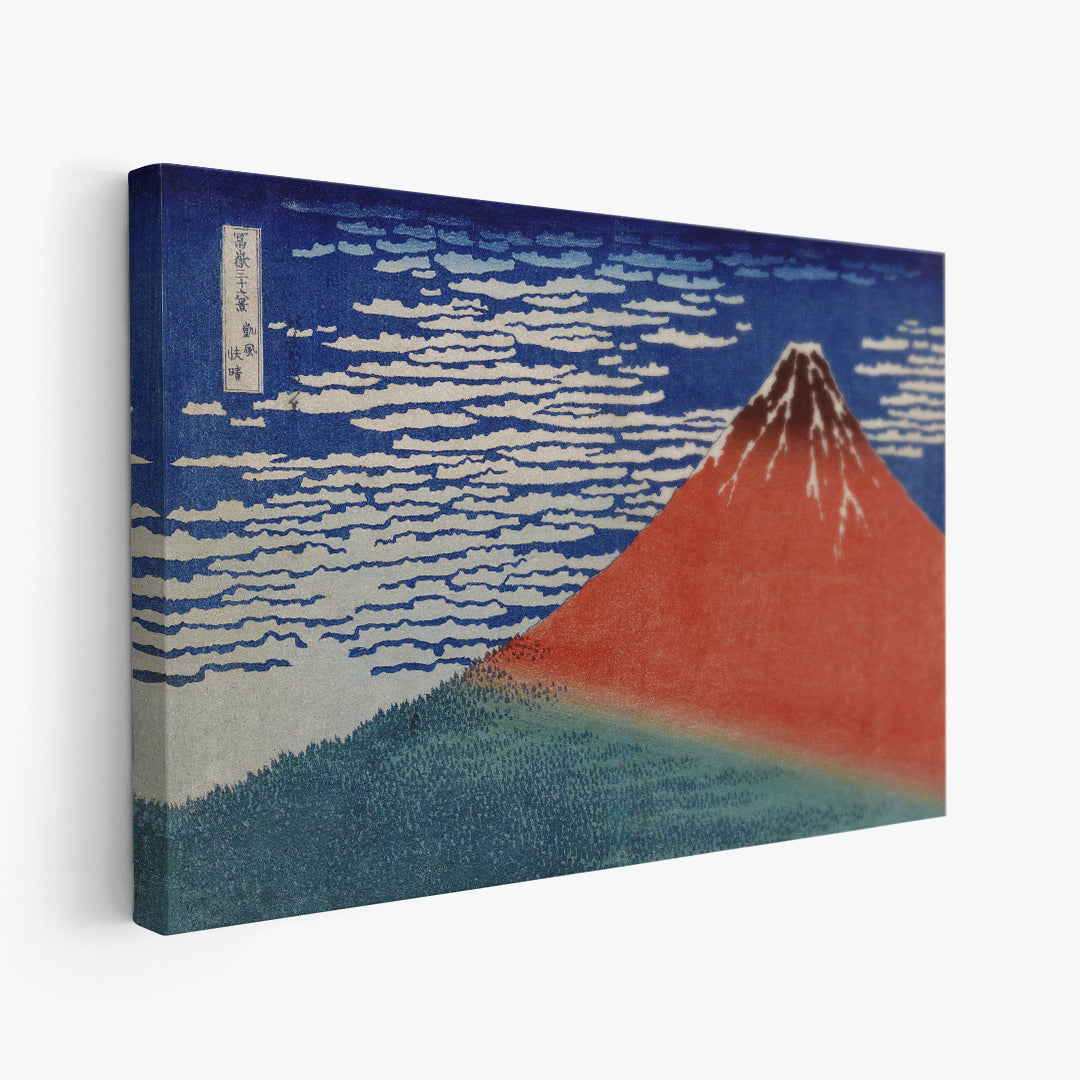 Riproduzione del Monte Fuji rosso con cielo blu chiaro in stile ukiyo-e