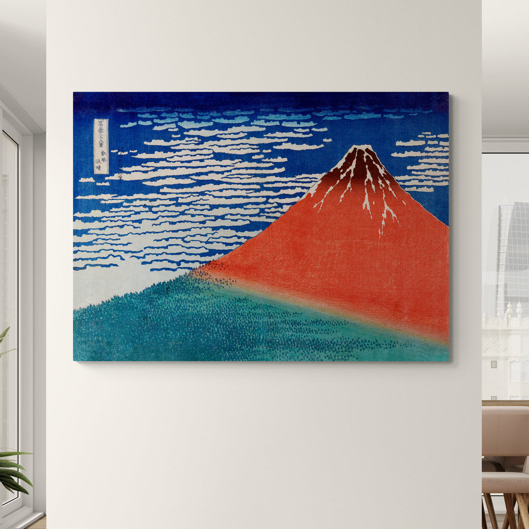 Stampa ukiyo-e con il Monte Fuji in rosso sotto un cielo limpido