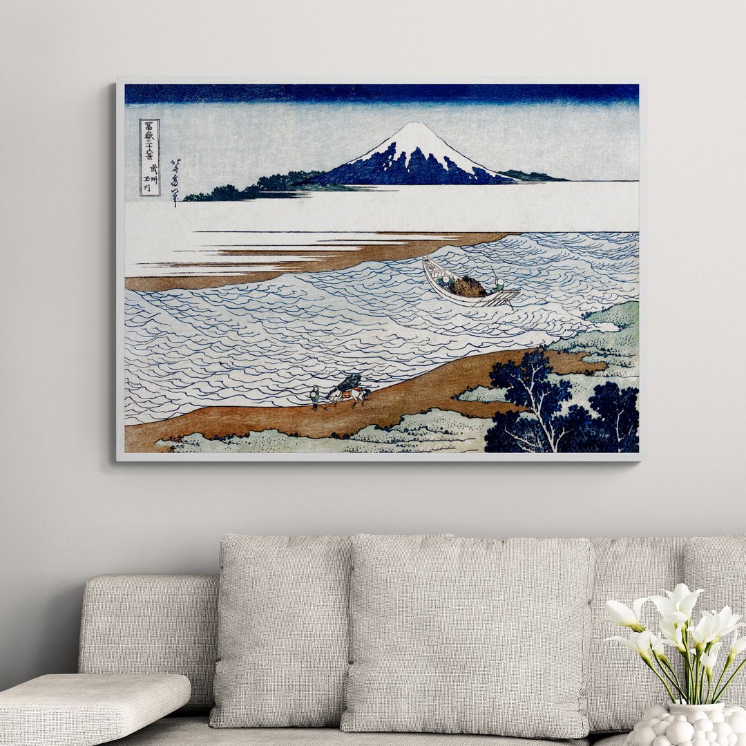 Paesaggio giapponese classico con barca e contadini