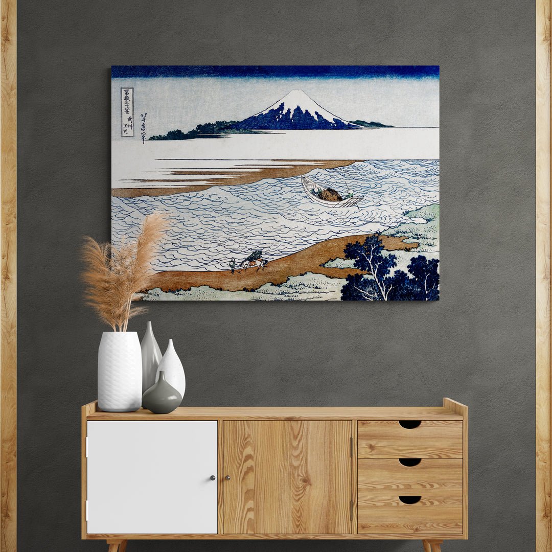 Riproduzione su tela di Hokusai con scena fluviale serena