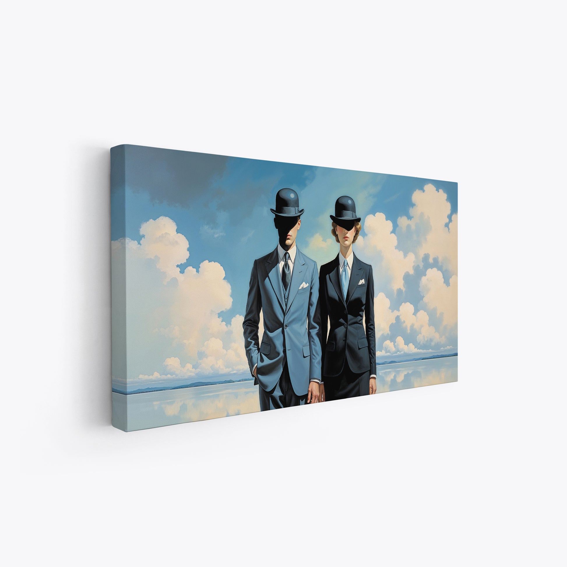 arredo parete moderno quadro con uomini in bombetta stile magritte su policotone