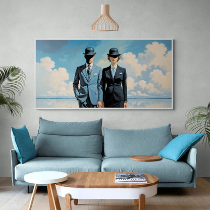 i guardiani del cielo stampa su policotone stile surrealista con due figure in bombetta