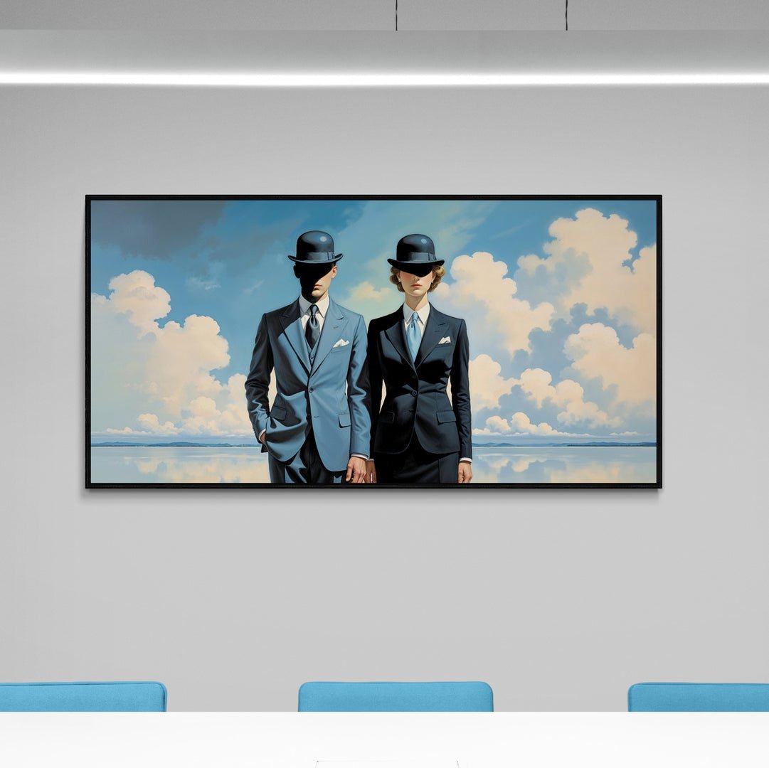 stampa artistica policotone elegante coppia in abito scuro su sfondo cielo azzurro