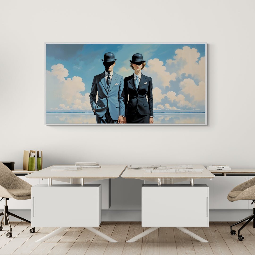 opera surrealista contemporanea coppia in giacca e cravatta nuvole soffici