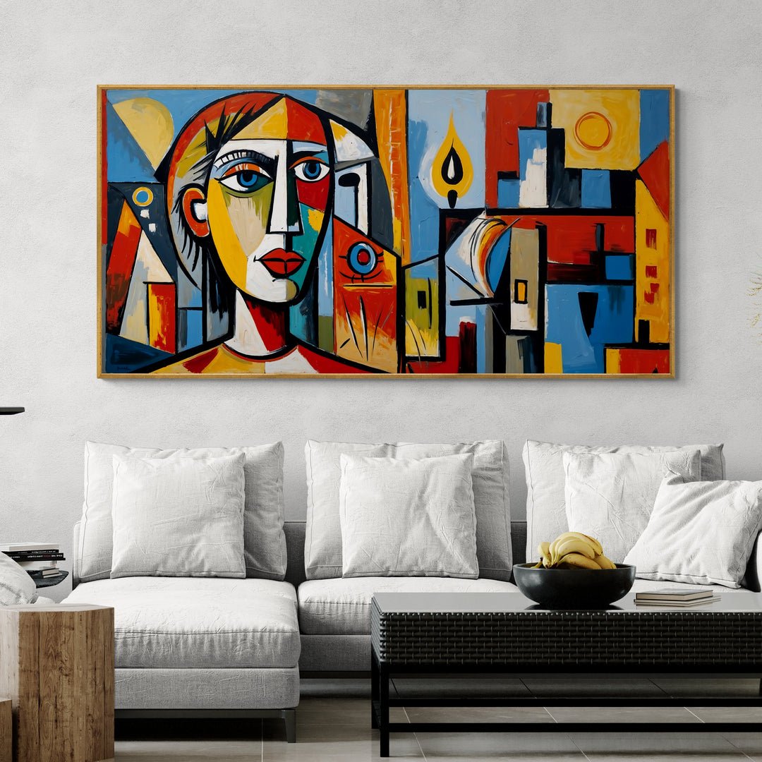 quadro panoramico cubista città astratta e volto stilizzato