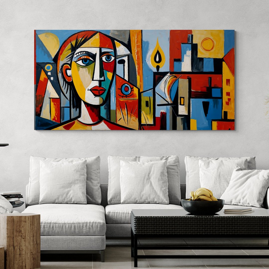 stampa su policotone arte cubista moderna con città e simboli di luce