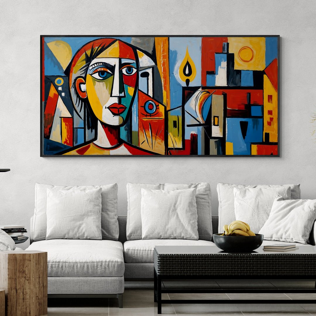 poster cubista moderno blu rosso giallo con figura e pesce