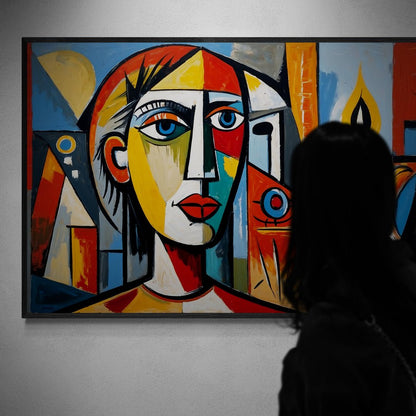 quadro cubista colorato volto geometrico e pesce rosso in vendita online