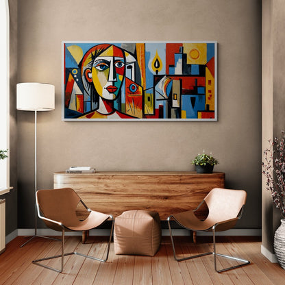 quadro astratto figurativo cubista con sole e fiamma decorazione parete