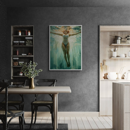 Stampa su tela con nuotatrice immersa in acqua chiara e riflessi di luce