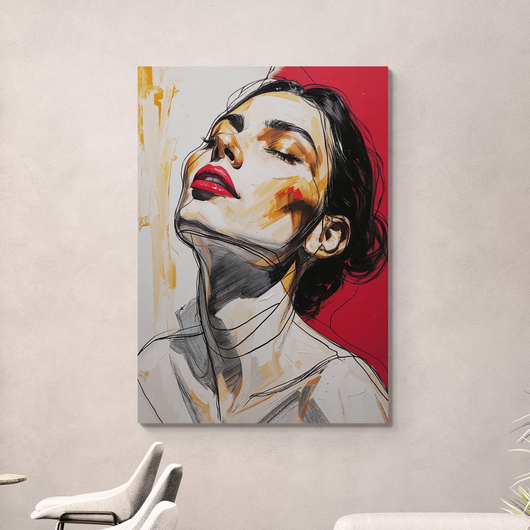 Quadro emozionale con donna dallo sguardo chiuso e labbra rosse