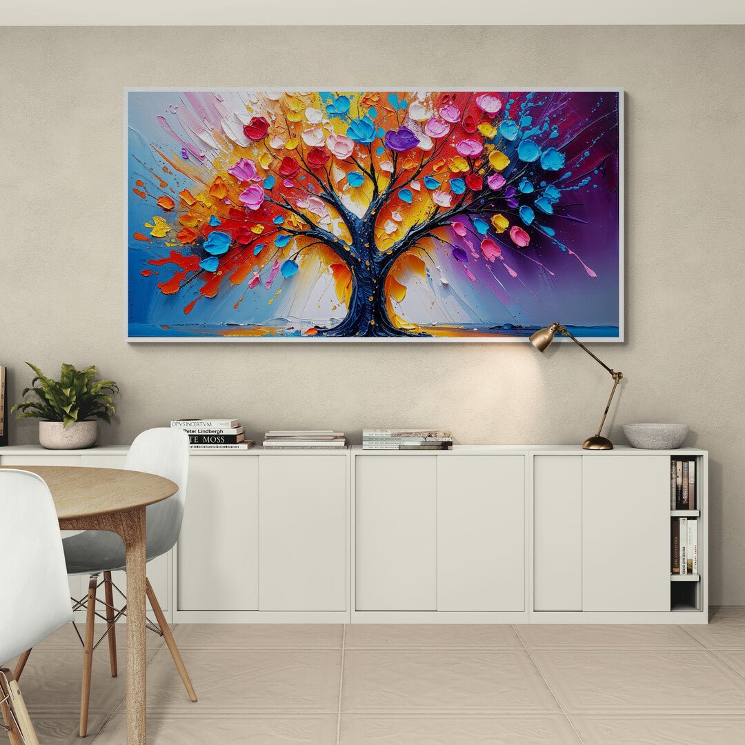 Stampa su tela con albero simbolico e colori accesi