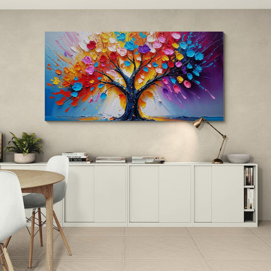 Quadro astratto con albero multicolore e pennellate materiche