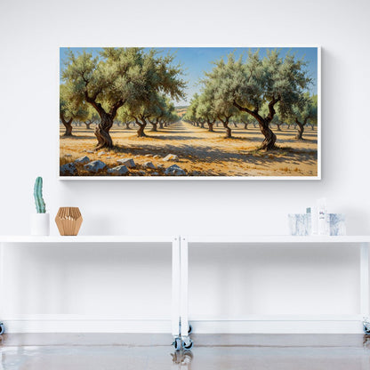Opera murale con paesaggio di uliveto e atmosfera mediterranea

