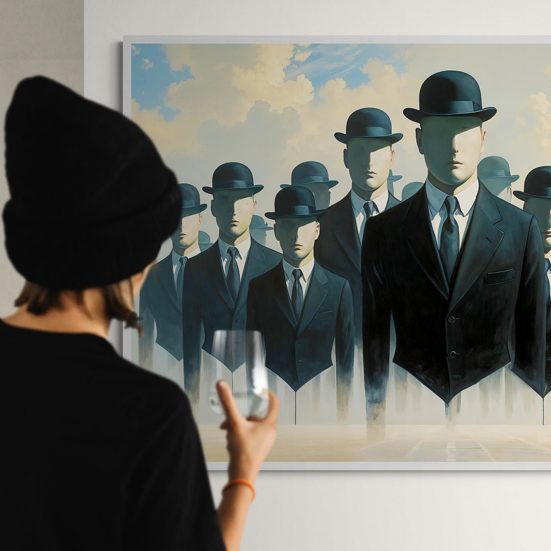 quadro surrealista moderno uomini in abito e bombetta volti senza lineamenti